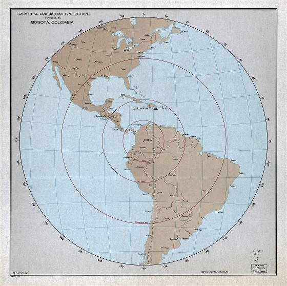 Grande detallado mapa de proyección equidistante azimutal centrado en Bogotá, Colombia - 1966