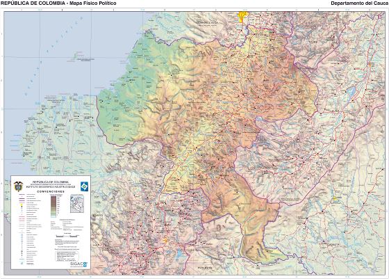 Grande detallado mapa físico de Colombia