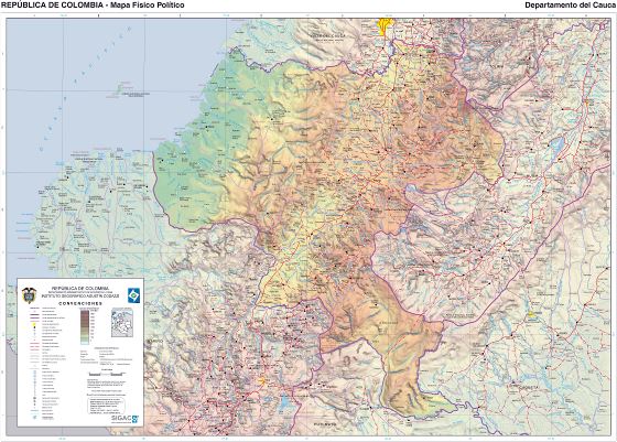 Grande detallado mapa físico de Colombia