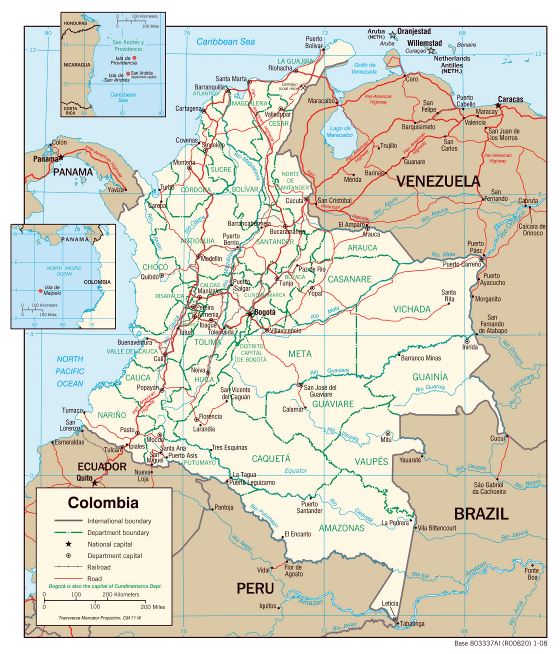 Grande detallado mapa político y administrativo de Colombia con carreteras y principales ciudades - 2008