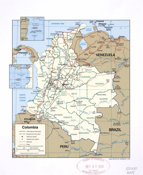 Grande detallado mapa político y administrativo de Colombia con marcas de principales ciudades, carreteras y ferrocarriles - 2008