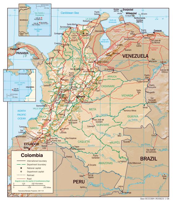Grande detallado mapa político y administrativo de Colombia con relieve, carreteras y principales ciudades - 2008
