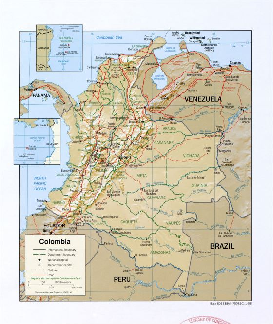 Grande detallado mapa político y administrativo de Colombia con relieve, marcas de principales ciudades, carreteras y ferrocarriles - 2008