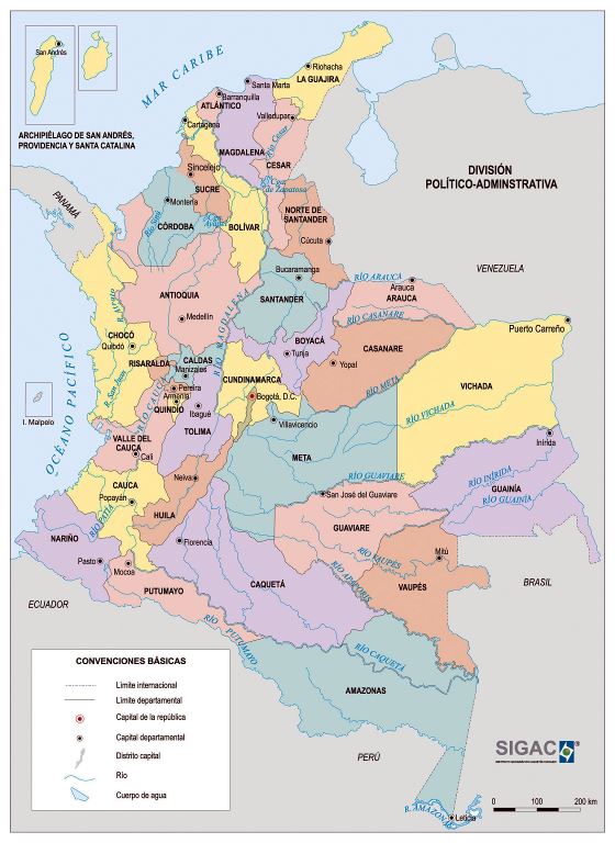 Grande detallado mapa político y administrativo de Colombia