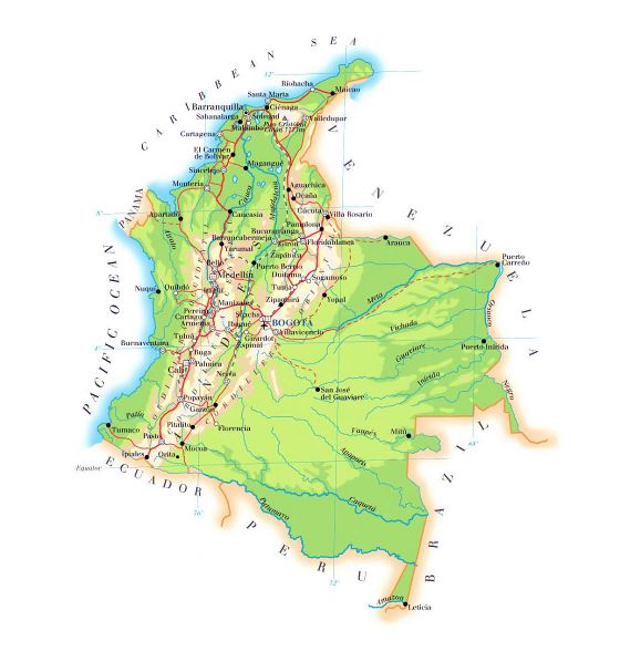 Grande mapa de elevación de Colombia con carreteras, ciudades y aeropuertos