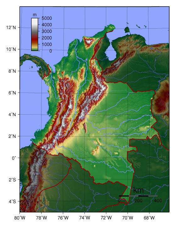 Grande mapa físico de Colombia