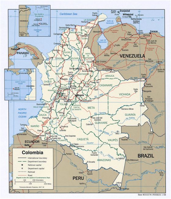 Grande mapa político y administrativo de Colombia con carreteras y principales ciudades - 2008
