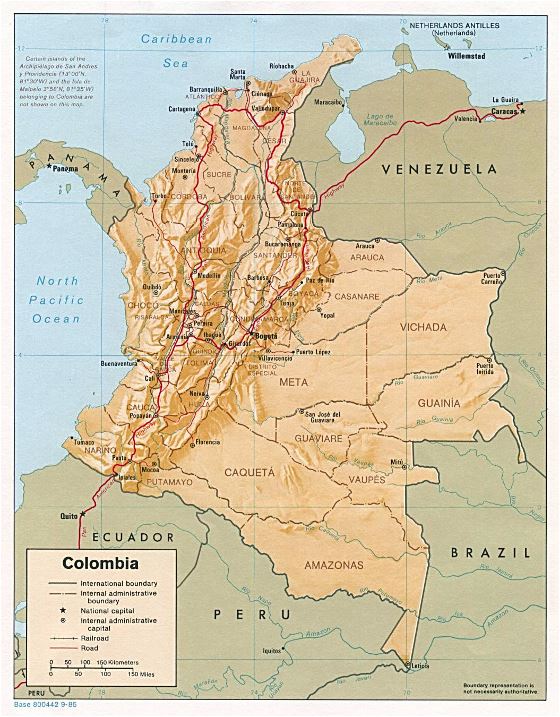 Grande mapa político y administrativo de Colombia con relieve, carreteras y principales ciudades - 1985