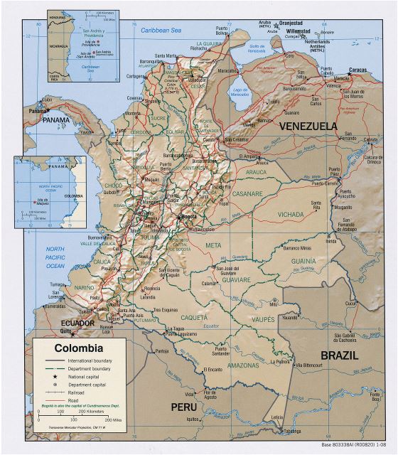 Grande mapa político y administrativo de Colombia con relieve, carreteras y principales ciudades - 2008