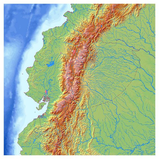 Detallado mapa en relieve de Ecuador