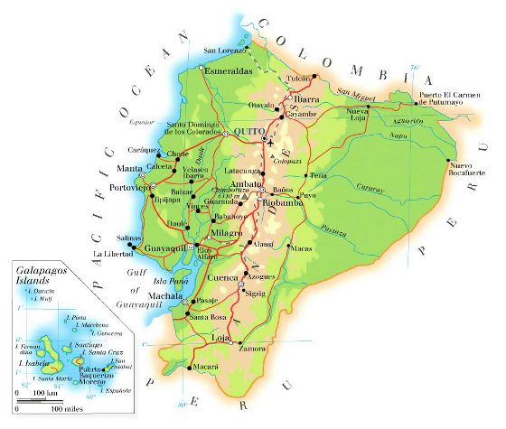 Detallado mapa físico de Ecuador con carreteras, ciudades y aeropuertos