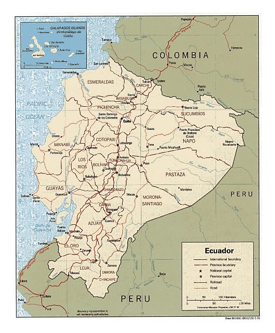 Detallado mapa político y administrativo de Ecuador con principales carreteras y principales ciudades - 1991