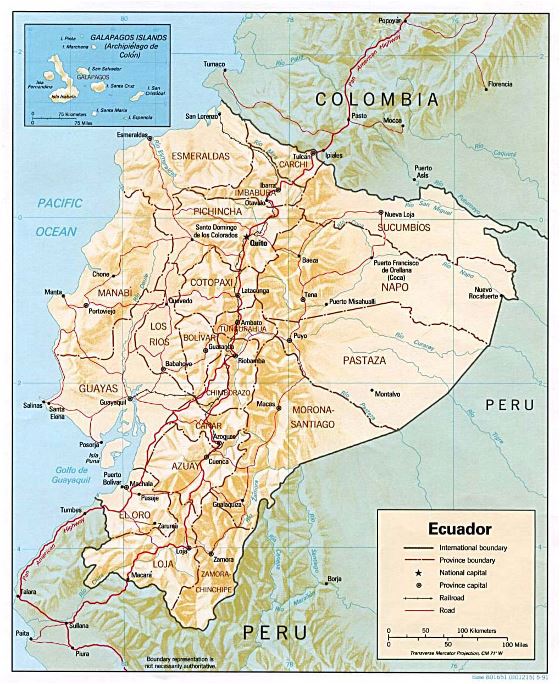 Detallado mapa político y administrativo de Ecuador con relieve, principales carreteras y principales ciudades - 1991