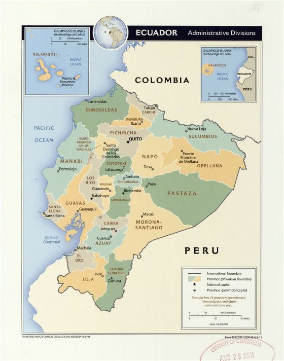 Grande detallado mapa de administrativas divisiones de Ecuador con marcas de principales ciudades - 2011