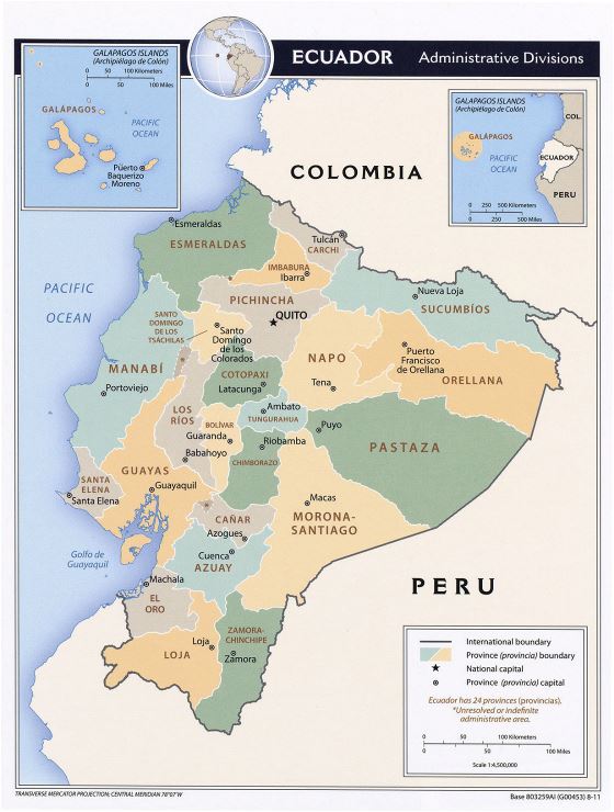 Grande detallado mapa de administrativas divisiones de Ecuador con principales ciudades - 2011