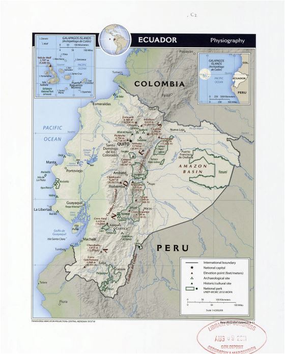 Grande detallado mapa de fisiografía de Ecuador con otras marcas - 2011