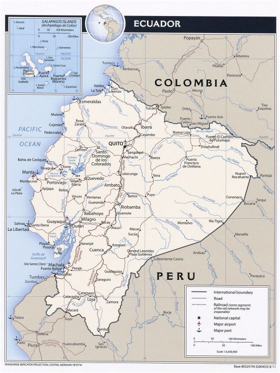 Grande detallado mapa político de Ecuador con carreteras, principales ciudades y aeropuertos - 2011