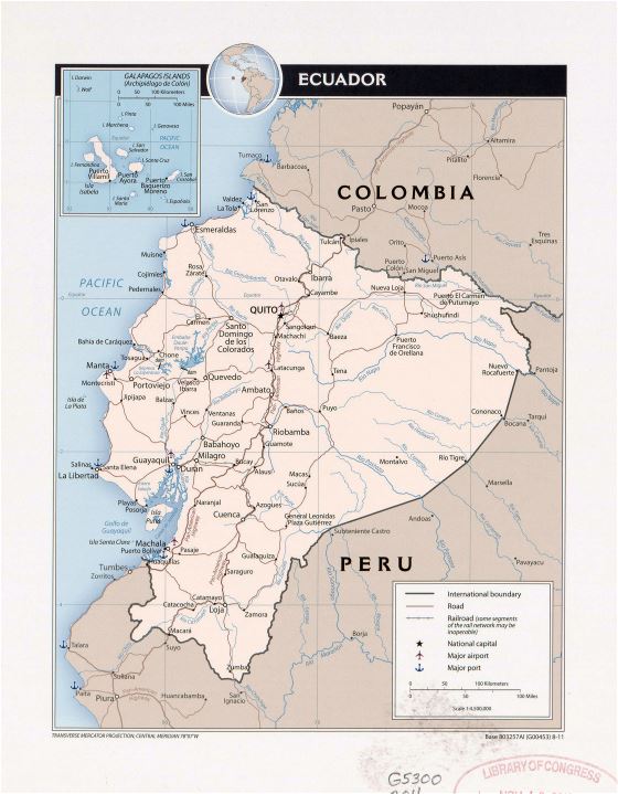 Grande detallado mapa político de Ecuador con marcas de principales ciudades, carreteras, ferrocarriles, aeropuertos y puertos marítimos - 2011