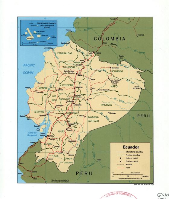 Grande detallado mapa político y administrativo de Ecuador con marcas de ciudades, carreteras y ferrocarriles - 1991