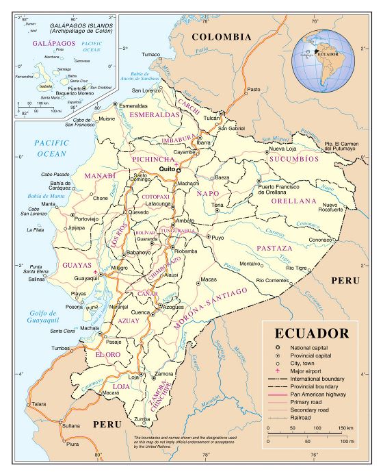 Grande detallado mapa político y administrativo de Ecuador con principales carreteras, principales ciudades y aeropuertos