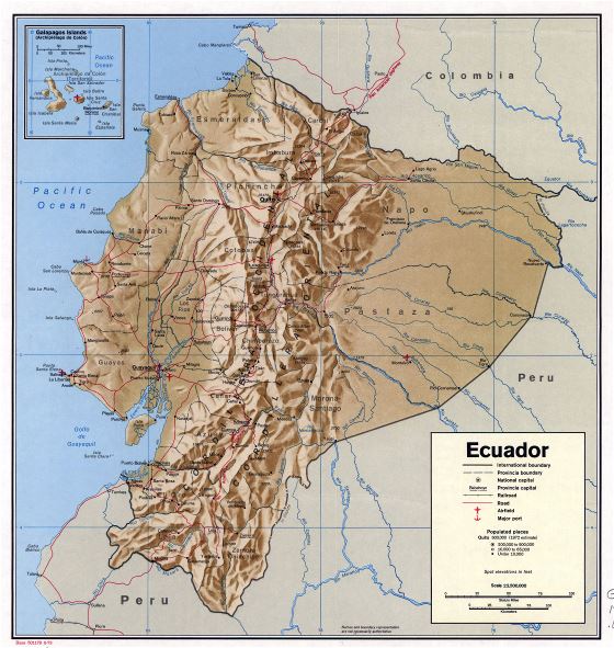 Grande detallado mapa político y administrativo de Ecuador con relieve, carreteras, ferrocarriles, ciudades, puertos marítimos y aeropuertos - 1973