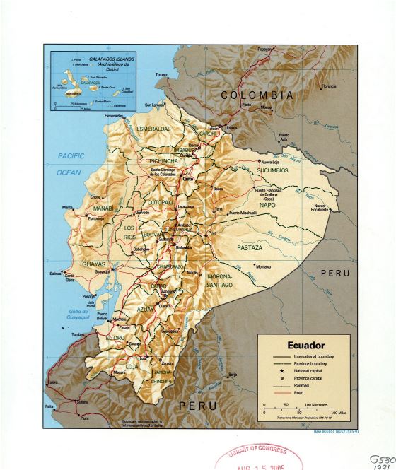 Grande detallado mapa político y administrativo de Ecuador con relieve, marcas de ciudades, carreteras y ferrocarriles - 1991