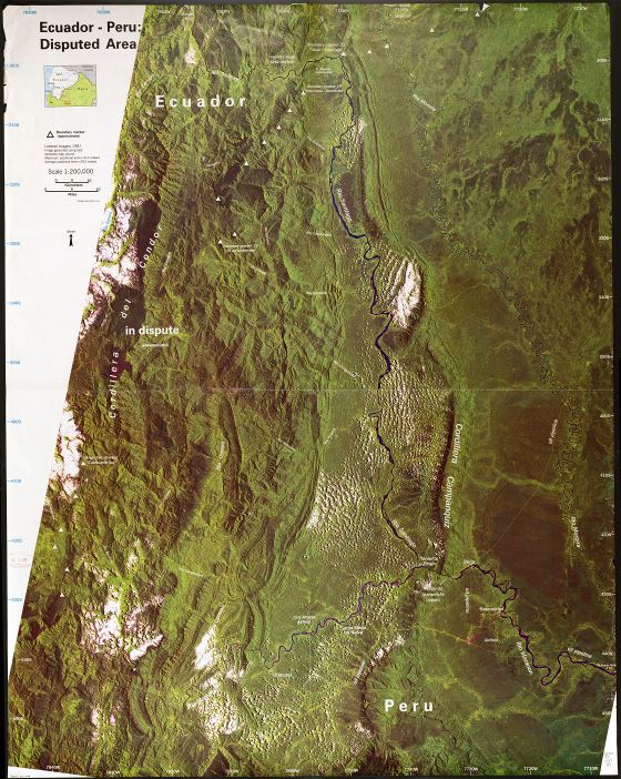 Grande detallado mapa satelital de zona en disputa Ecuador-Perú - 1987