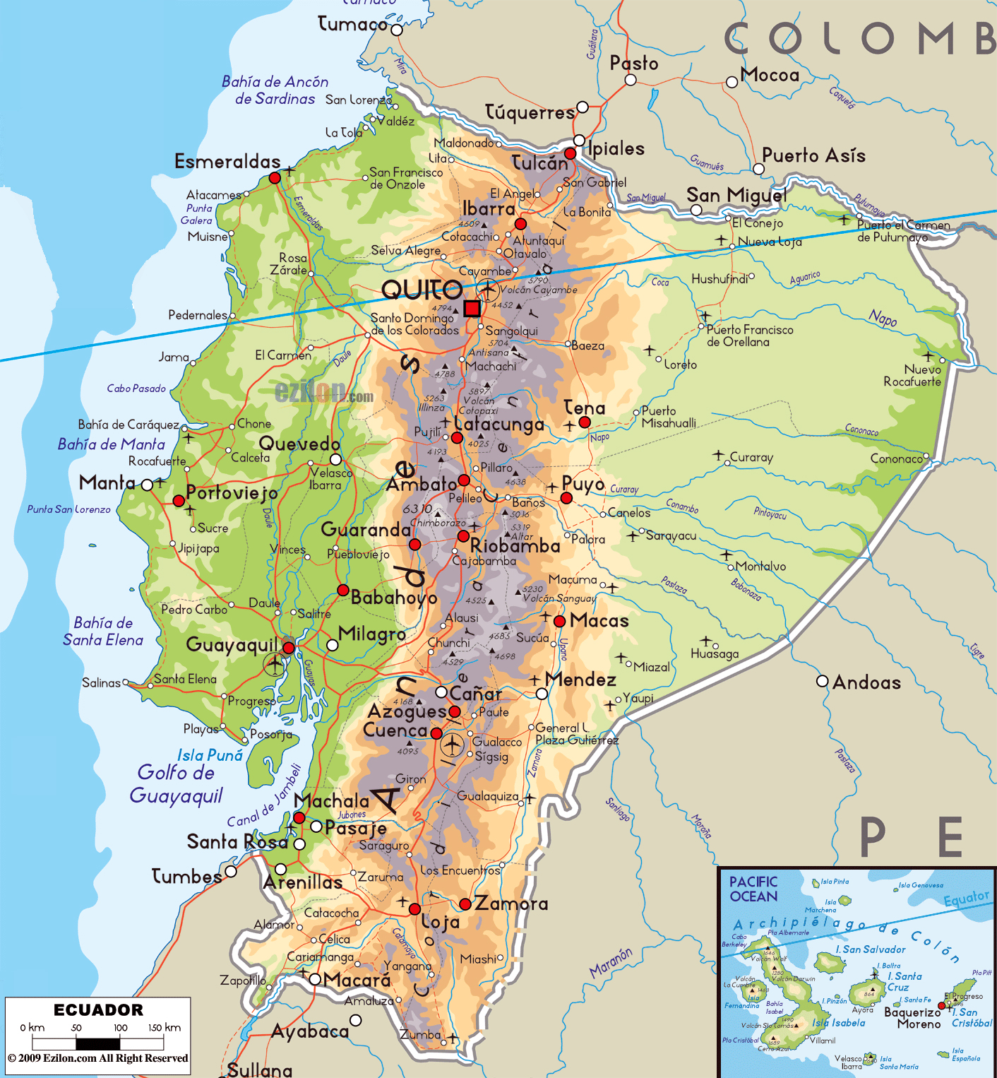 Grande Mapa Físico De Ecuador Con Carreteras Ciudades Y Aeropuertos