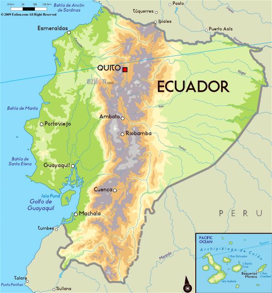 Grande mapa físico de Ecuador con principales ciudades