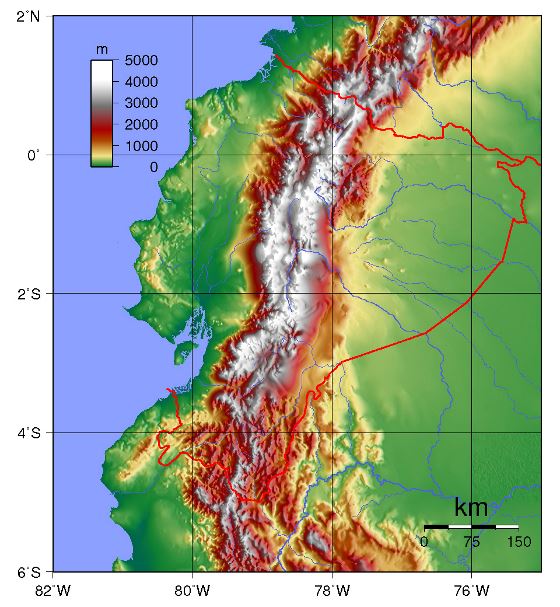 Grande mapa físico de Ecuador