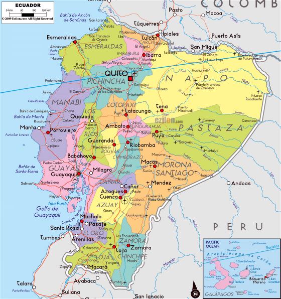 Grande mapa político y administrativo de Ecuador con carreteras, ciudades y aeropuertos
