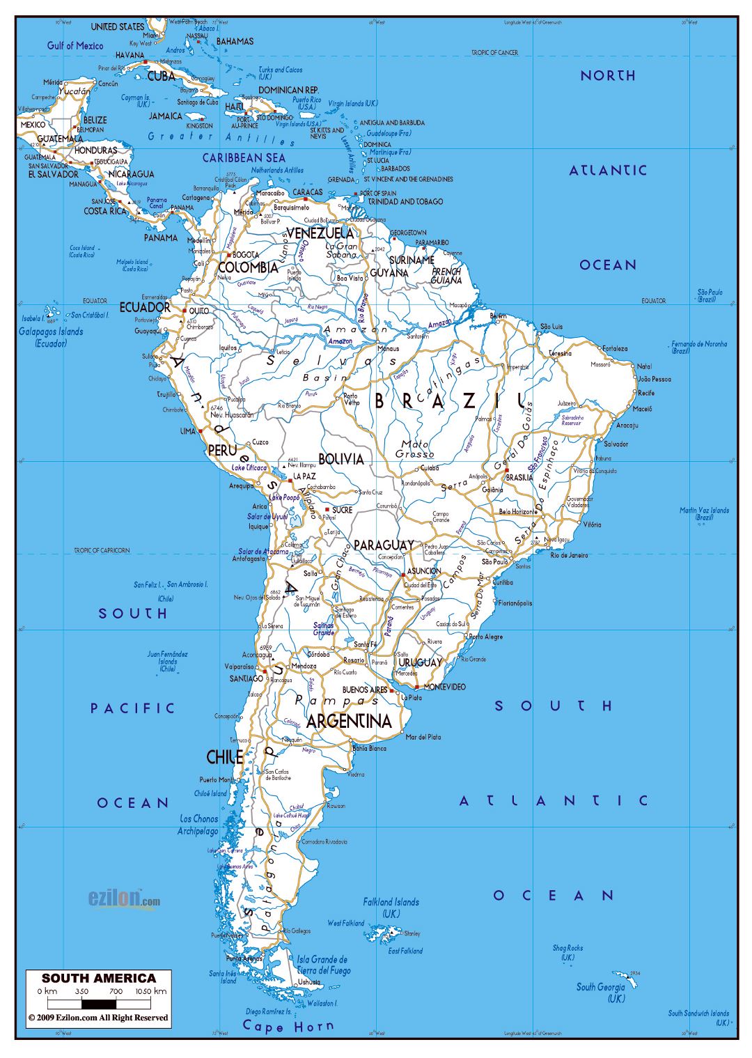 Gran hoja de ruta de América del Sur con las principales ciudades