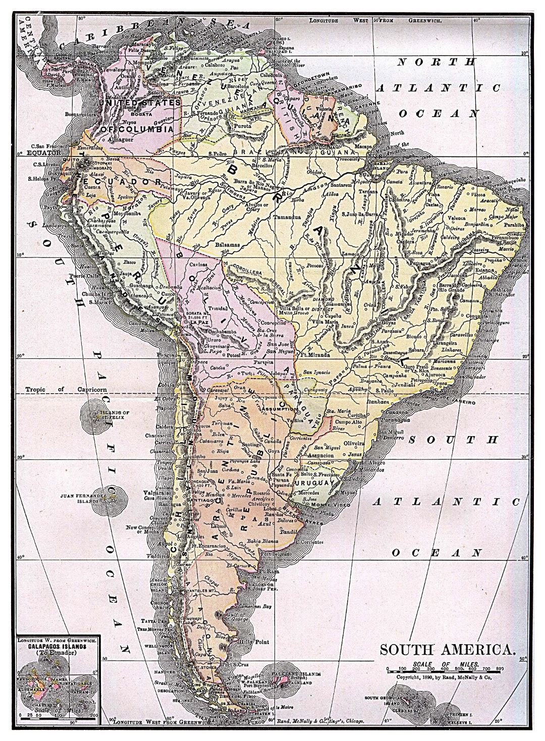 Grande Antiguo mapa político detallado de América del Sur - 1892