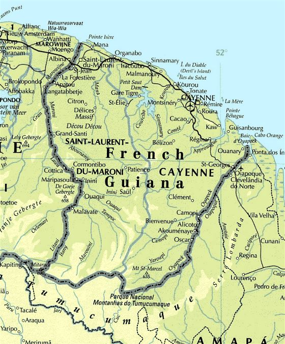 Detallado mapa de Guayana Francesa con carreteras y ciudades