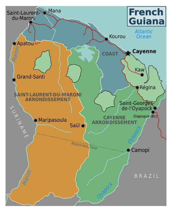 Detallado mapa de regiones de Guayana Francesa
