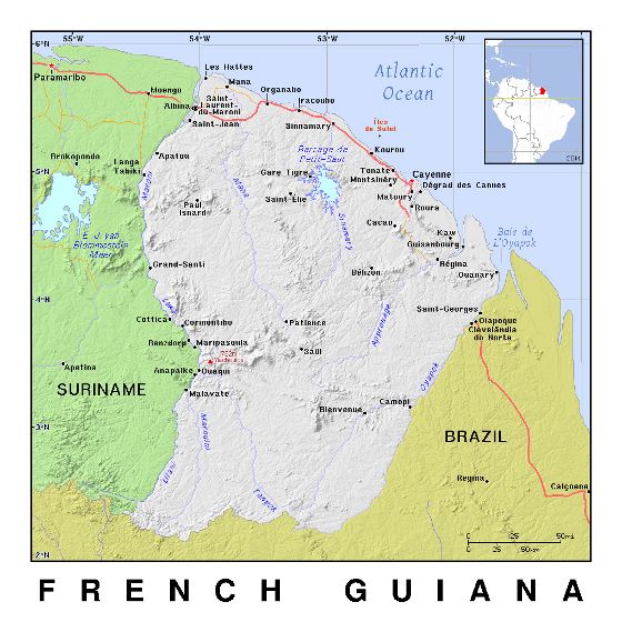 Detallado mapa político de Guayana Francesa con relieve