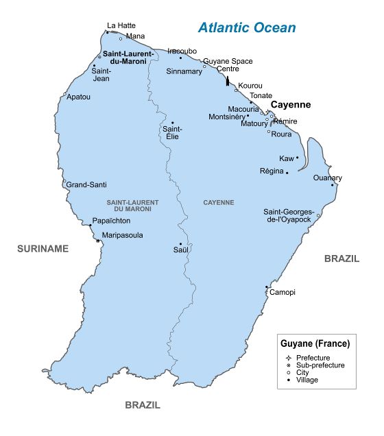 Grande detallado mapa de Guayana Francesa con ciudades y pueblos