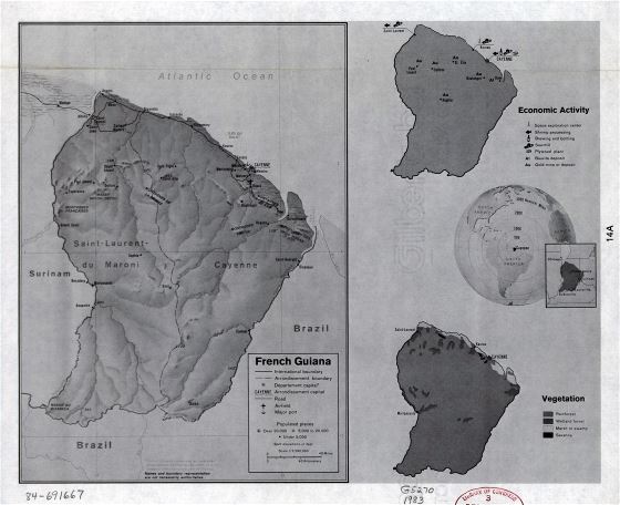 Grande detallado perfil del país mapa de Guayana Francesa - 1983