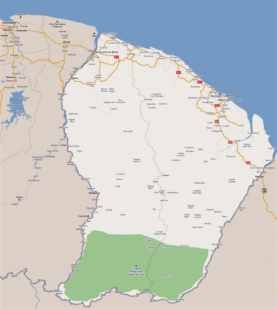Grande hoja de ruta de Guayana Francesa con ciudades