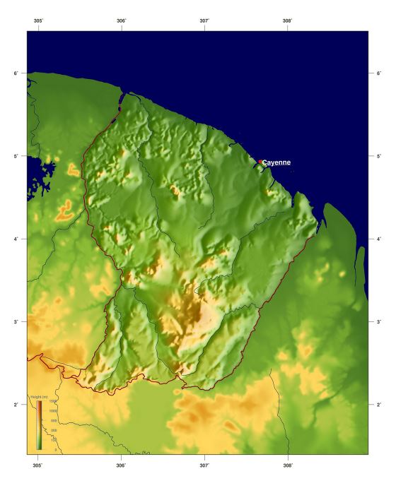 Grande mapa físico de Guayana Francesa
