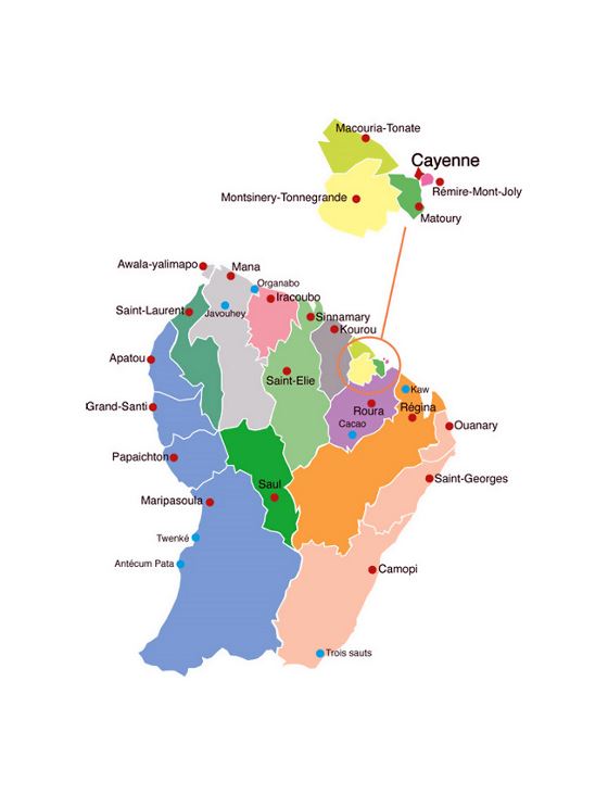 Mapa de administrativas divisiones de Guayana Francesa