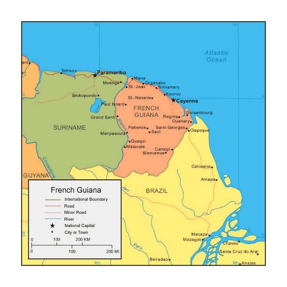 Mapa político de Guayana Francesa con ciudades