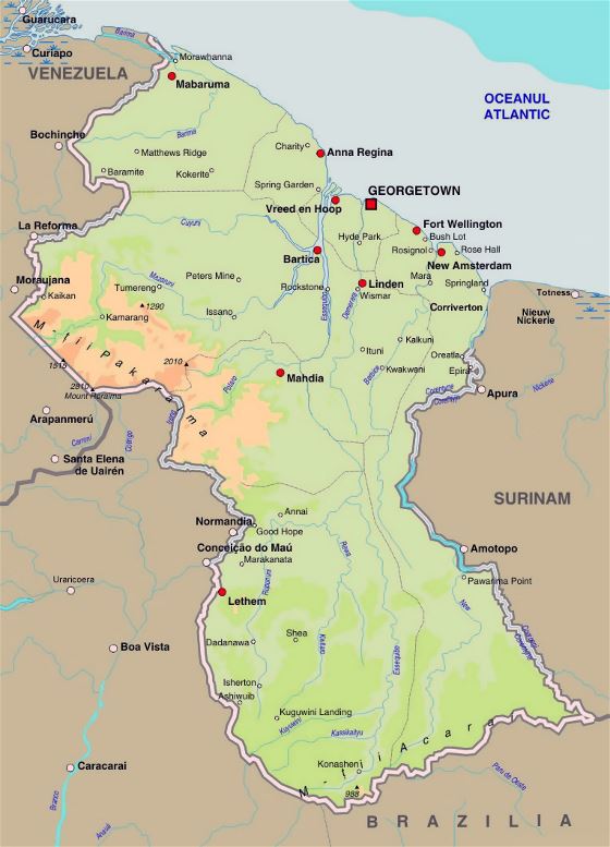 Detallado mapa de elevación de Guyana con carreteras y ciudades