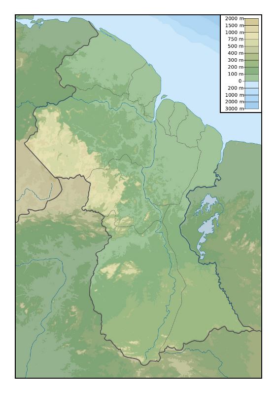 Detallado mapa físico de Guyana