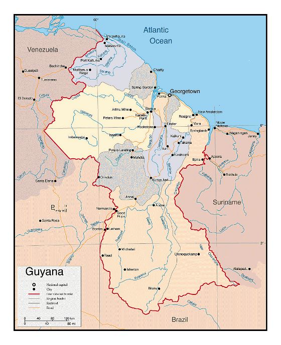 Detallado mapa político y administrativo de Guyana con carreteras y ciudades