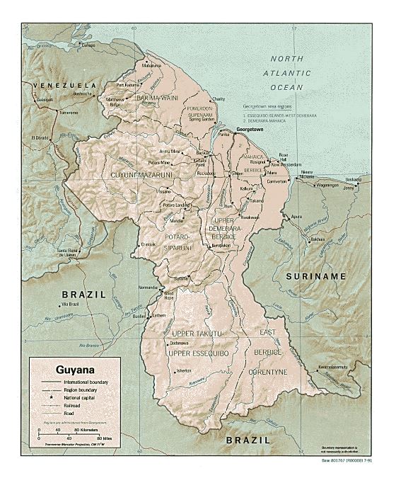 Detallado mapa político y administrativo de Guyana con relieve, carreteras y ciudades - 1991