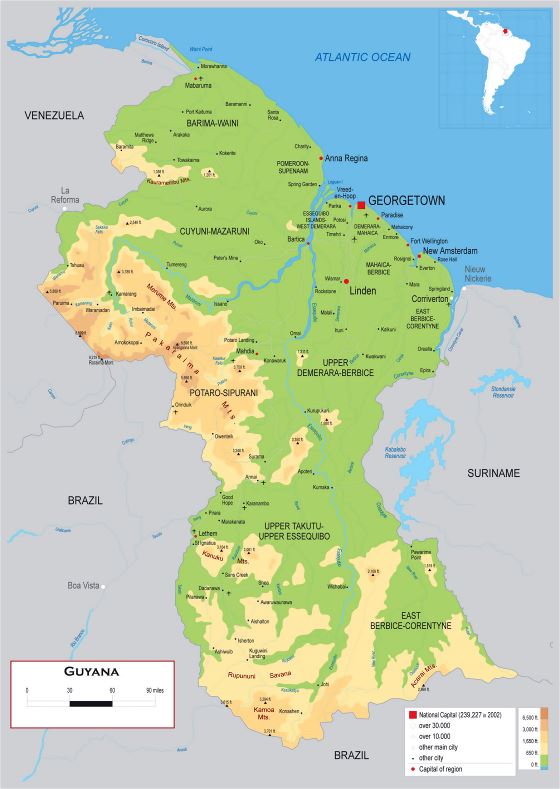 Grande detallado mapa físico de Guyana con carreteras, ciudades y aeropuertos