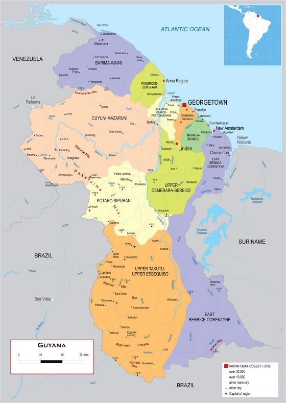 Grande detallado mapa político y administrativo de Guyana con carreteras, ciudades y aeropuertos