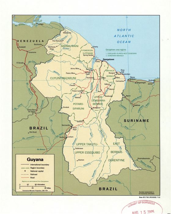 Grande detallado mapa político y administrativo de Guyana con marcas de carreteras, ferrocarriles y principales ciudades - 1991