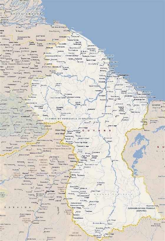 Grande mapa de Guyana con todas ciudades